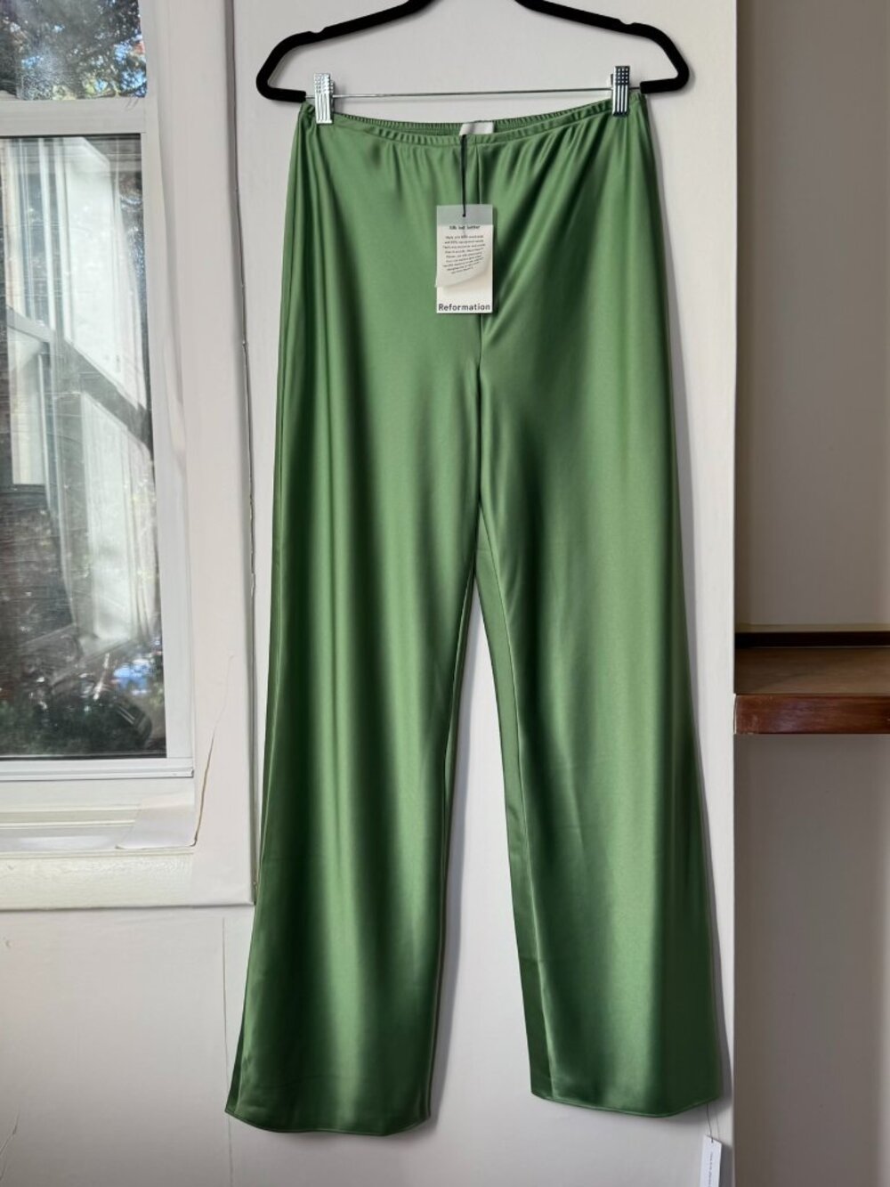 NWT Reformation Gale Satin Mid-Rise Bias Pants Jade Green Medium